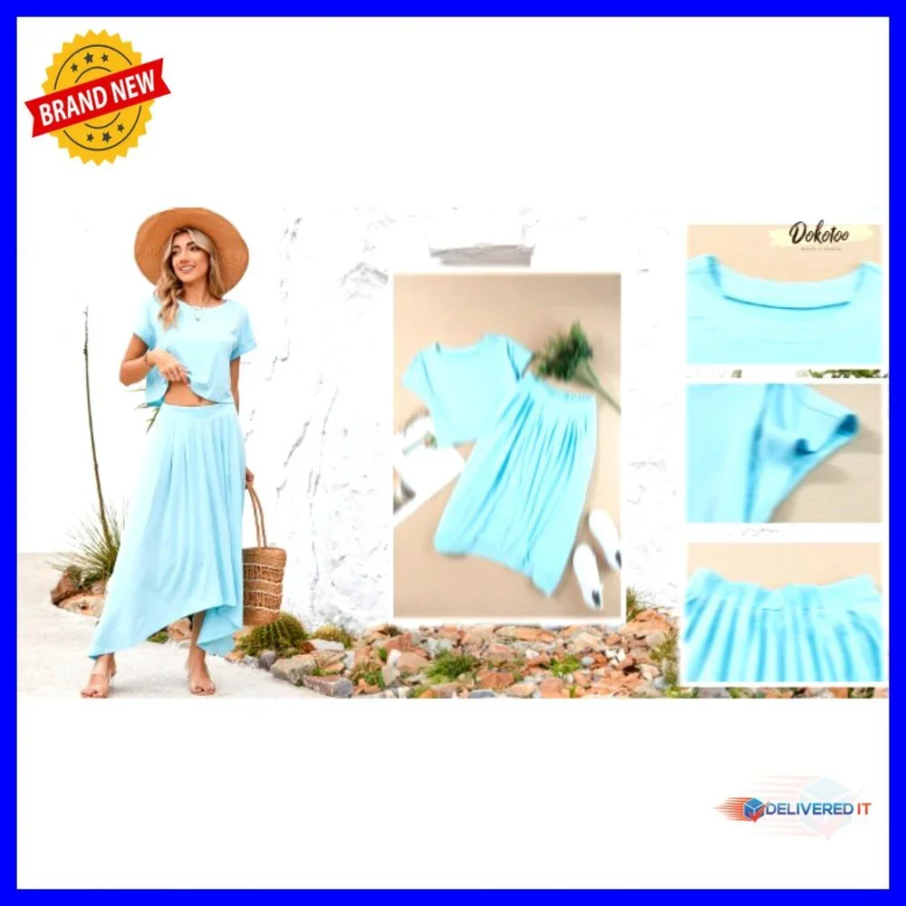 2 Piece Summer Outfit Crewneck Top Maxi Skirt Set Chic Casual Lightweight - Picture 5 of 6